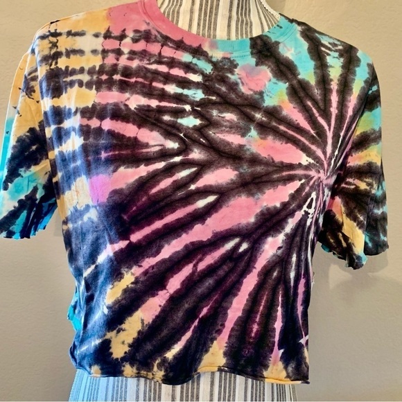 NWT Abound Crop Top Small Tie Dye Cotton Modal Black Teal Pink Yellow Stretch - Picture 3 of 14